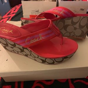 RED, PINK w/Brown Coach Logo Wedge Sandals Sz7